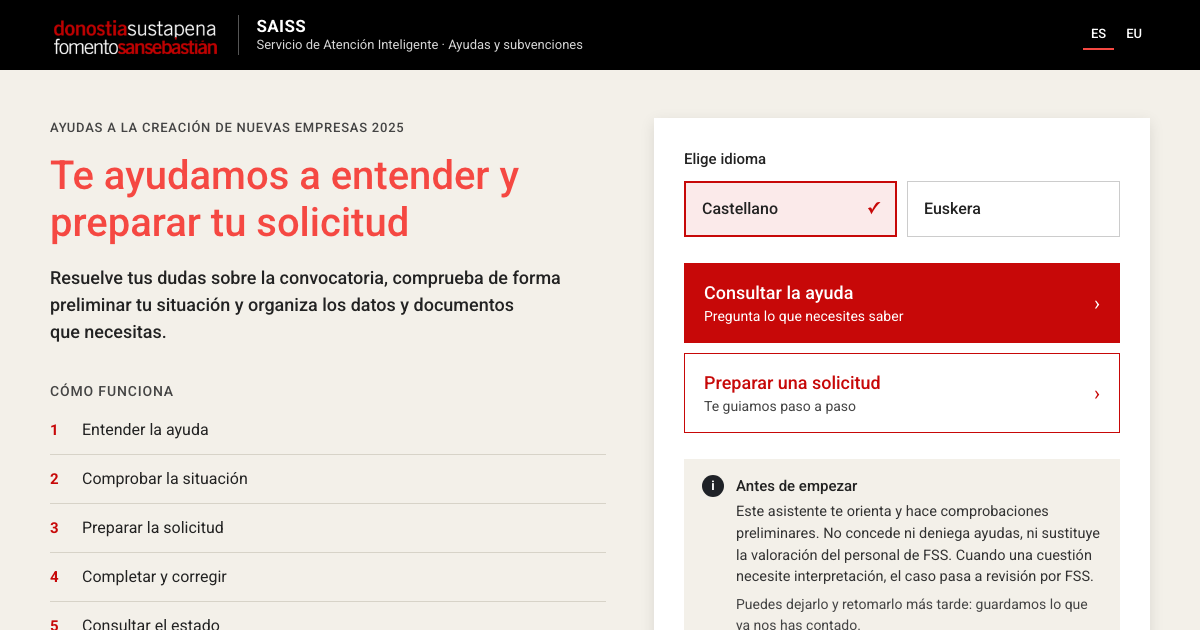 Pantalla de inicio del asistente SAISS